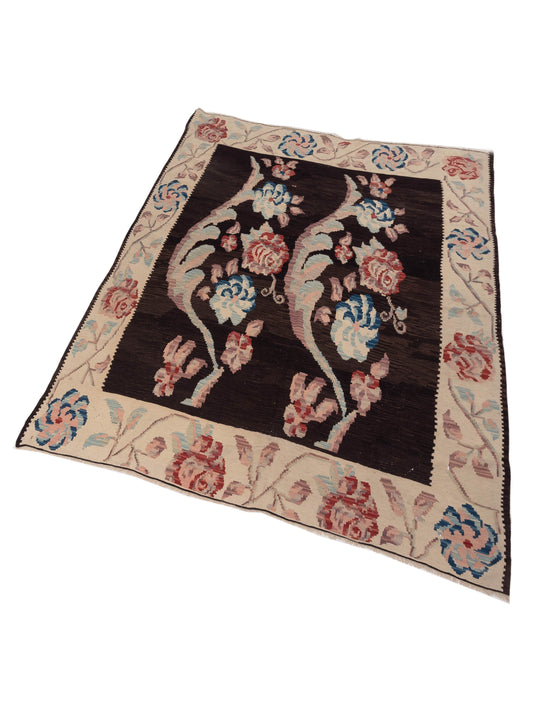 Blossara Kilim Black Ivory 5.1x8.3 Hand Woven Rug
