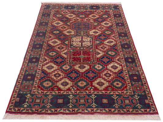 Shirvara Red Green 4.2x6.2 Hand Knotted Rug