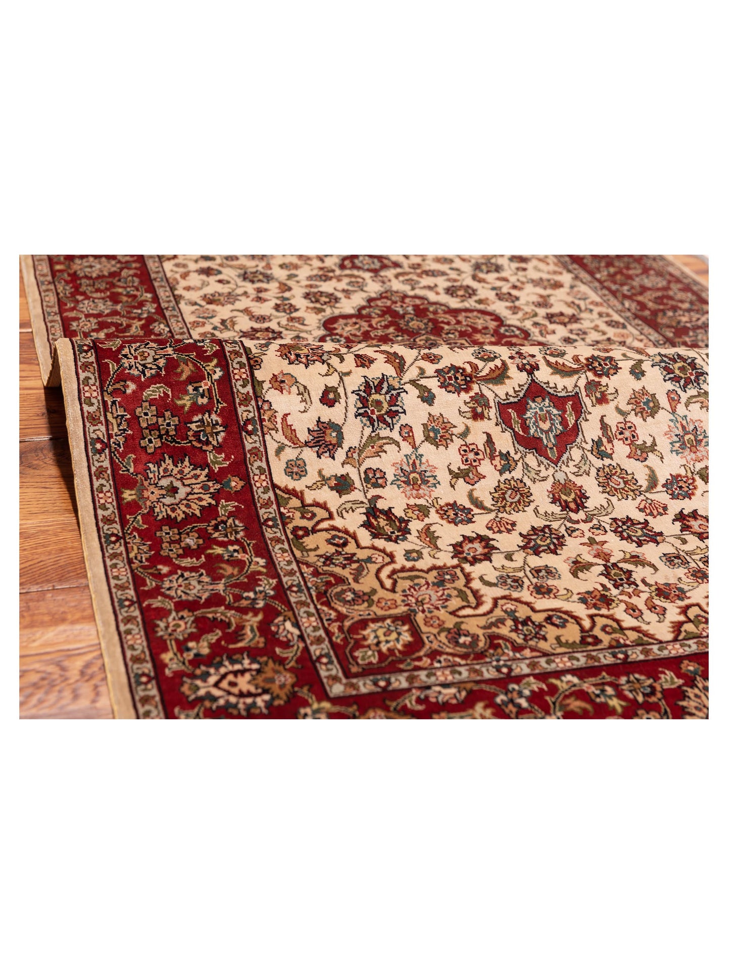 Pure Silk Ivory Red 2.4x4 Hand Knotted Rug