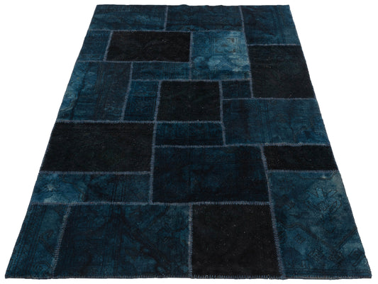 Patchwork Blue Black 6.6x9.9 Hand Knotted Rug