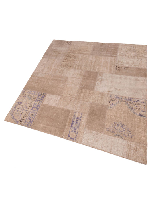 Patchwork Beige Purple 6.7x8.3 Hand Knotted Rug