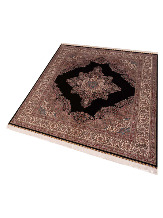 Pure Silk Black Ivory 8.2x10.1 Hand Knotted Rug