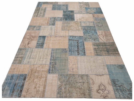 Patchwork Ivory Blue 9.8x13.2 Hand Knotted Rug