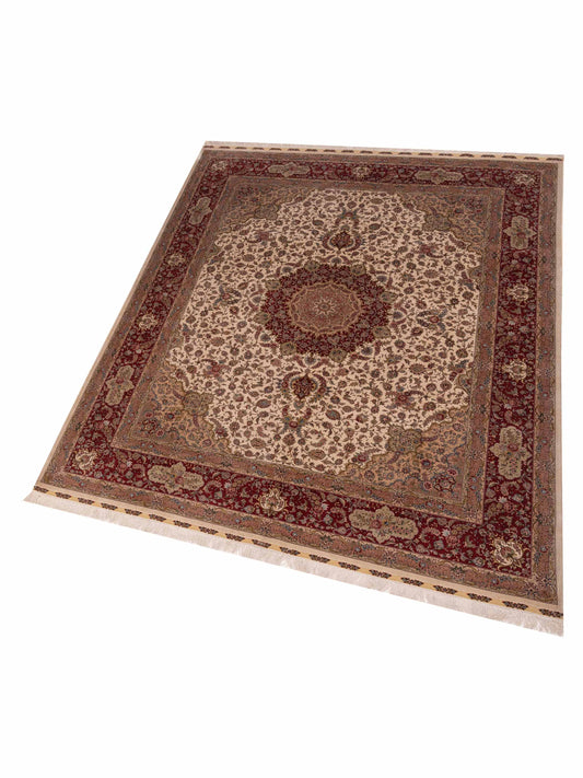 Pure Silk Ivory Red 8.1x10.2 Hand Knotted Rug