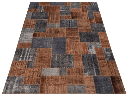 Patchwork Brown Gray 10x13 Hand Knotted Rug