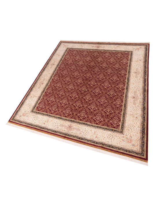 Pure Silk Red Ivory 9.1x12.7 Hand Knotted Rug