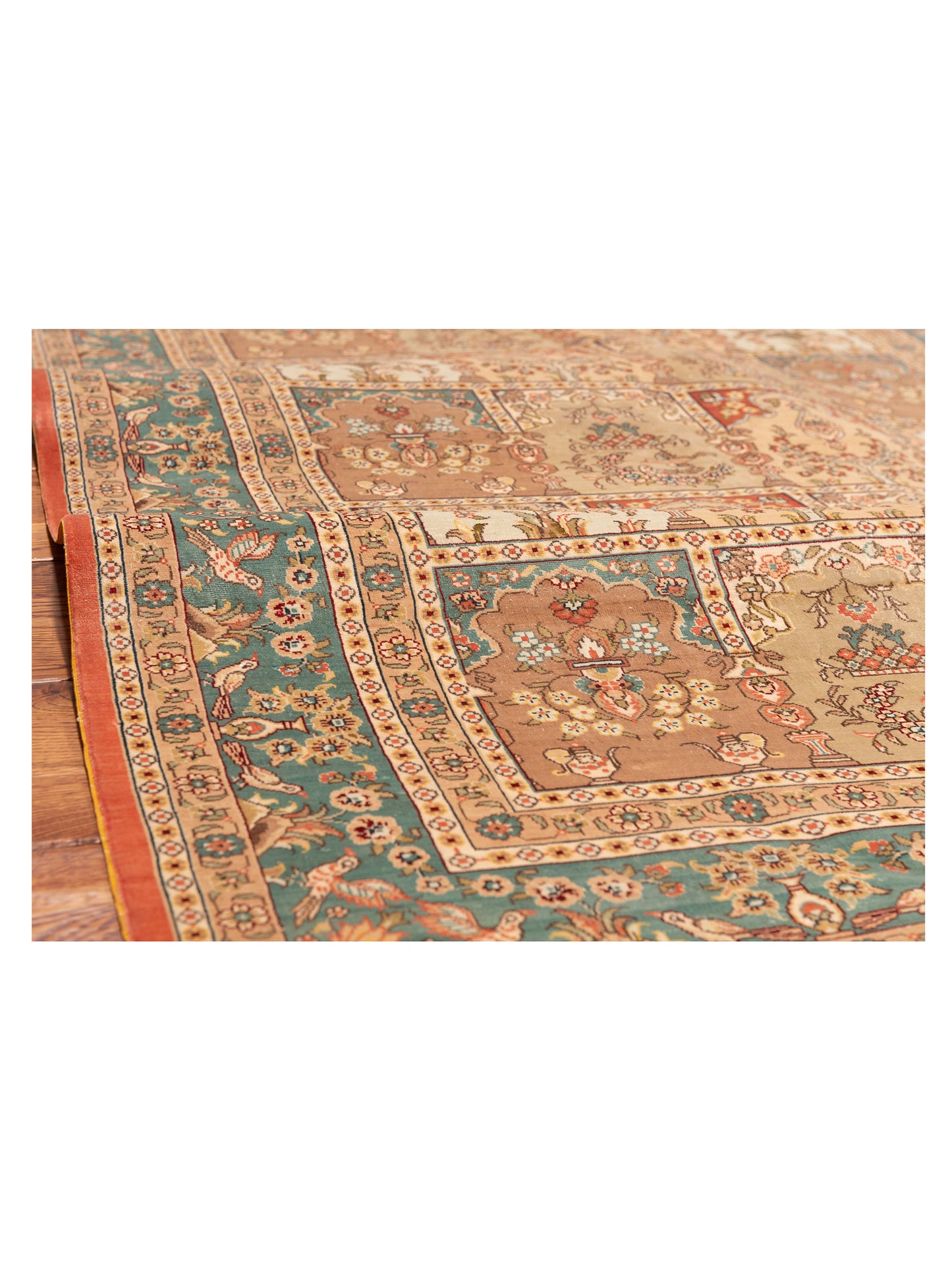 Pure Silk Beige Blue 4x5.11 Hand Knotted Rug