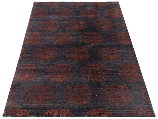 Tenzari Charcoal Red 5.2x8 Hand Knotted Rug