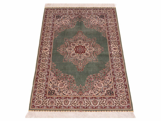 Pure Silk Green Ivory 3.1x5.1 Hand Knotted Rug
