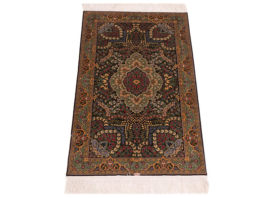 Pure Silk Black Green 2.4x4.1 Hand Knotted Rug