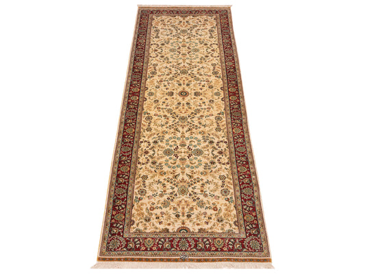 Pure Silk Ivory Red 2.7x8 Hand Knotted Rug