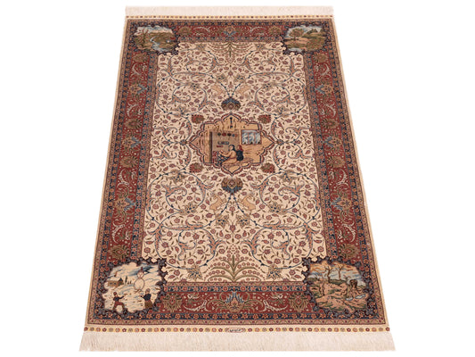 Pure Silk Ivory Pink 3.1x5.1 Hand Knotted Rug