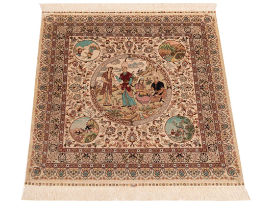 Pure Silk Ivory Beige 3.1x3.1 Hand Knotted Rug