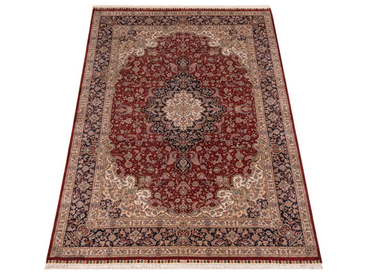 Pure Silk Red Navy 6.8x9.11 Hand Knotted Rug