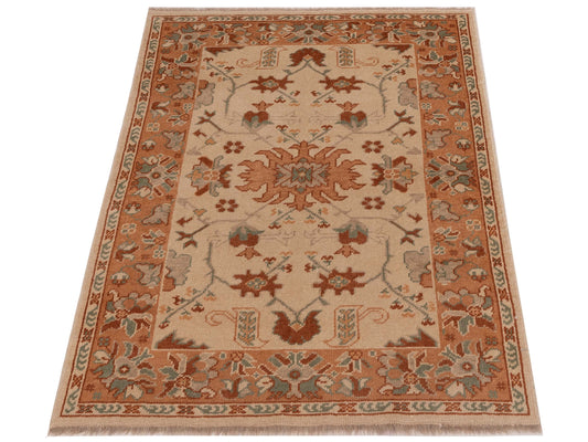 Oushak Ivory Pink 4.1x5.6 Hand Knotted Rug