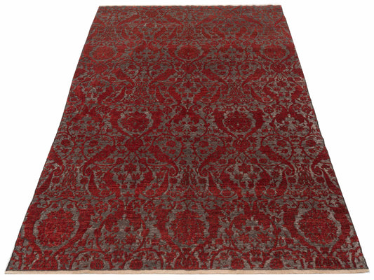 Defnera Charcoal Red 6.6x9.6 Hand Knotted Rug