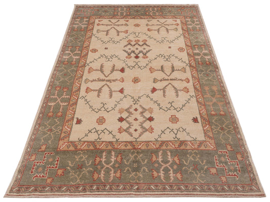 Oushak Ivory Green 5.7x10.3 Hand Knotted Rug