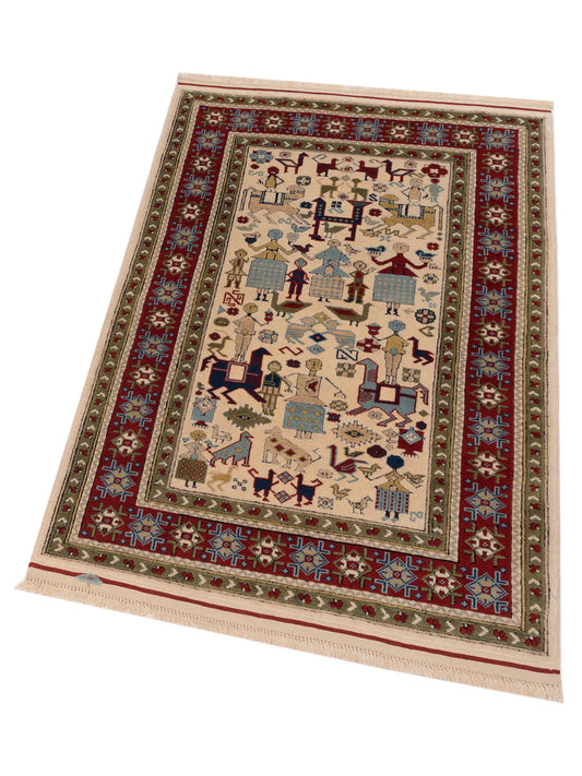 Shirvara Ivory Red 3.8x5.4 Hand Knotted Rug