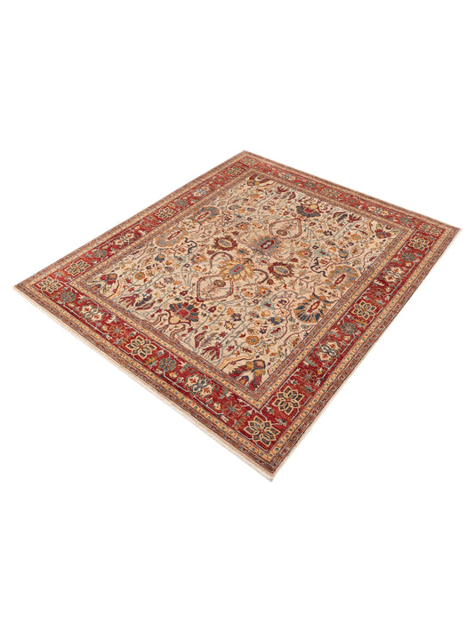 Elvaria Beige Red 8.2x9.9 Hand Knotted Rug