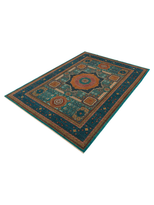 Mamluk Lux Turquoise Charcoal 9.2x12.2 Hand Knotted Rug