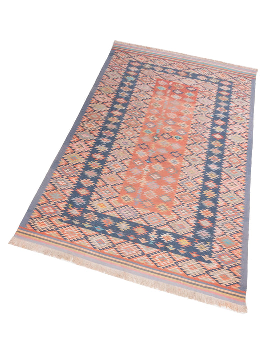 Dhurrie Blue Pink 9.4x13.3 Hand Woven Rug