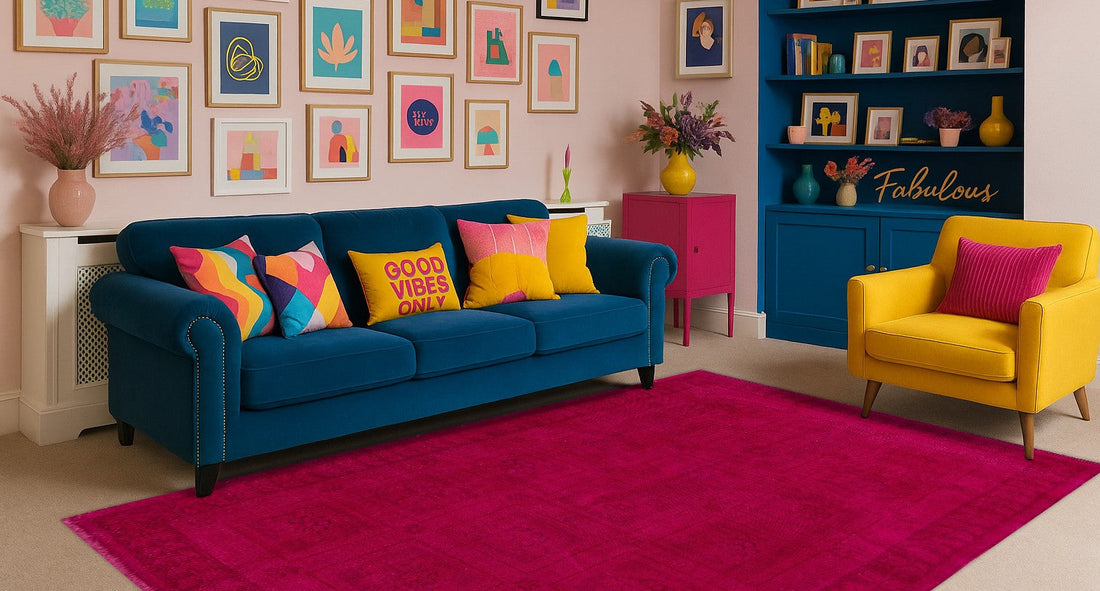 maximalist living room with bold area rug