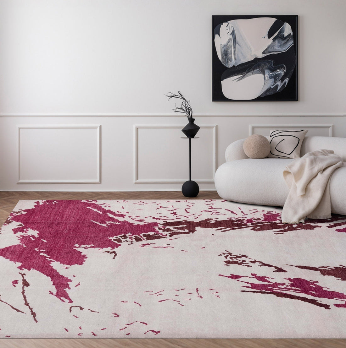 Cloud Dancer White Red Pink Modern Contemporary Area Rug in Modern Living Room with White Couch