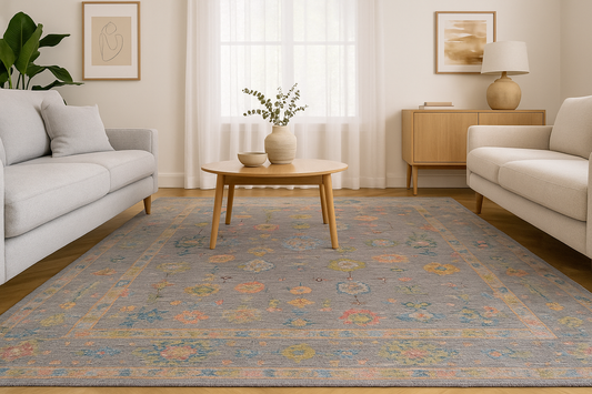 modern oushak rug in living room