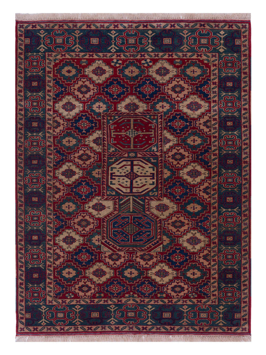 Shirvara Red Green 4.2x6.2 Hand Knotted Rug