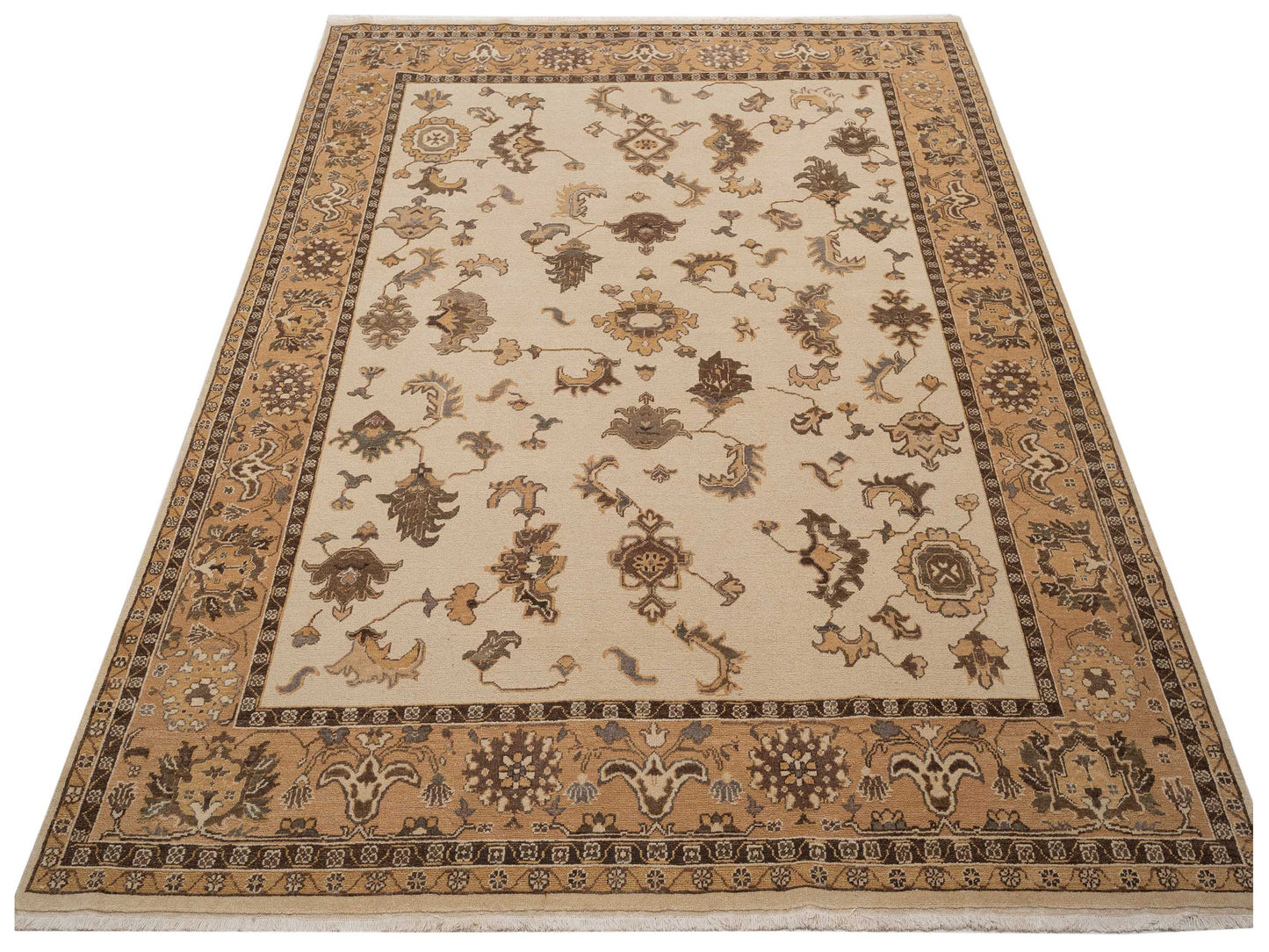 Turkish Elvaria Ivory Gold 8.5x10.7 Hand Knotted Rug