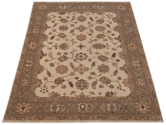 Turkish Elvaria Ivory Sage Green 9x12.3 Hand Knotted Rug