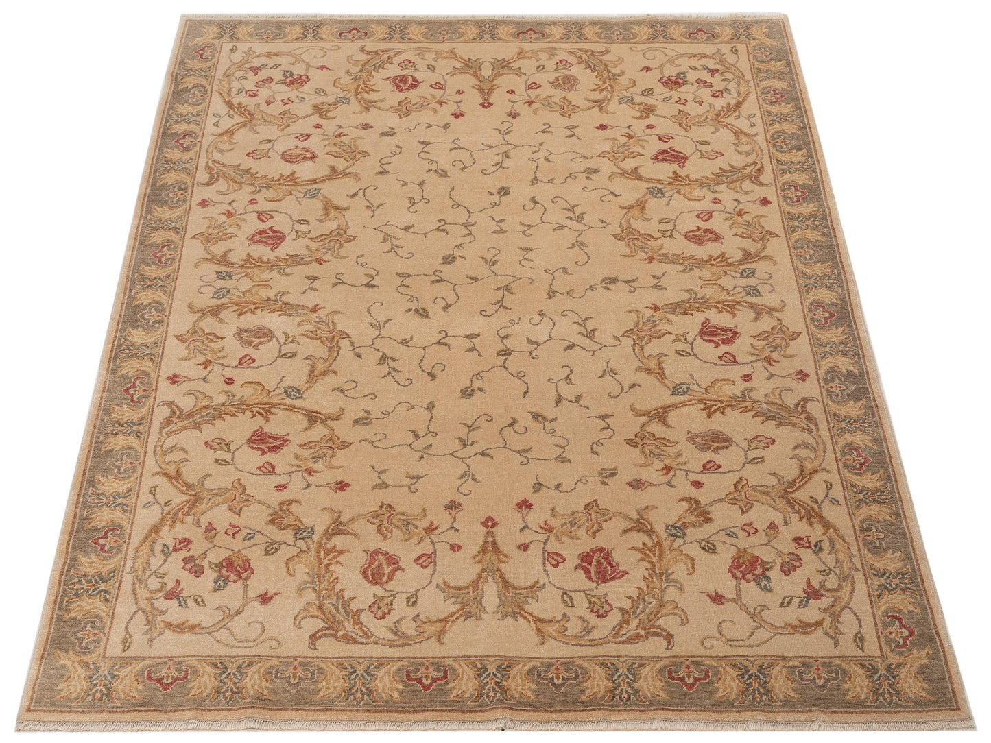 Antiqua Loom Ivory Green 6.9x8.2 Hand Knotted Rug