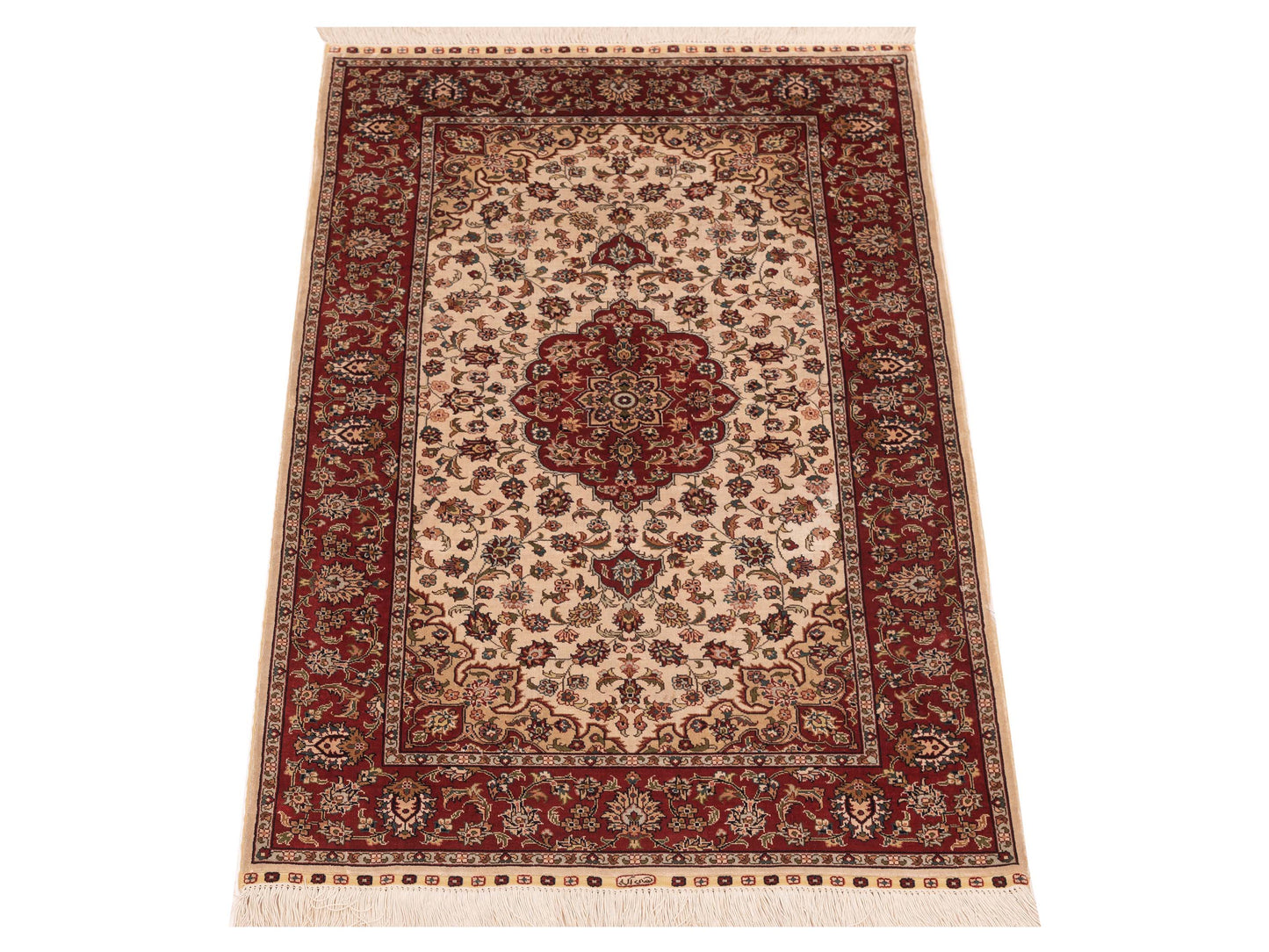 Pure Silk Ivory Red 2.4x4 Hand Knotted Rug