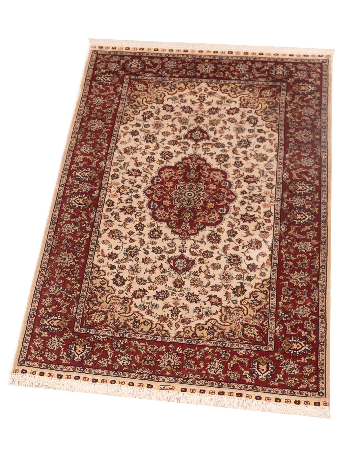 Pure Silk Ivory Red 2.4x4 Hand Knotted Rug