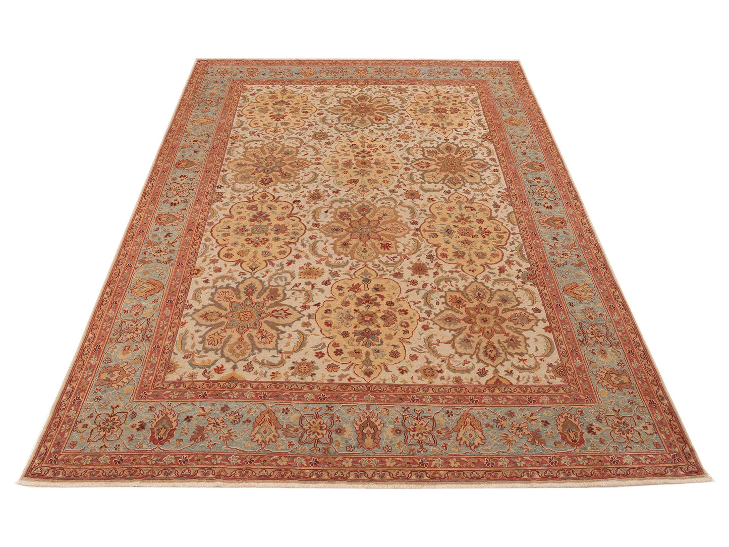Antiqua Loom Beige Blue 9.4x13.4 Hand Knotted Rug