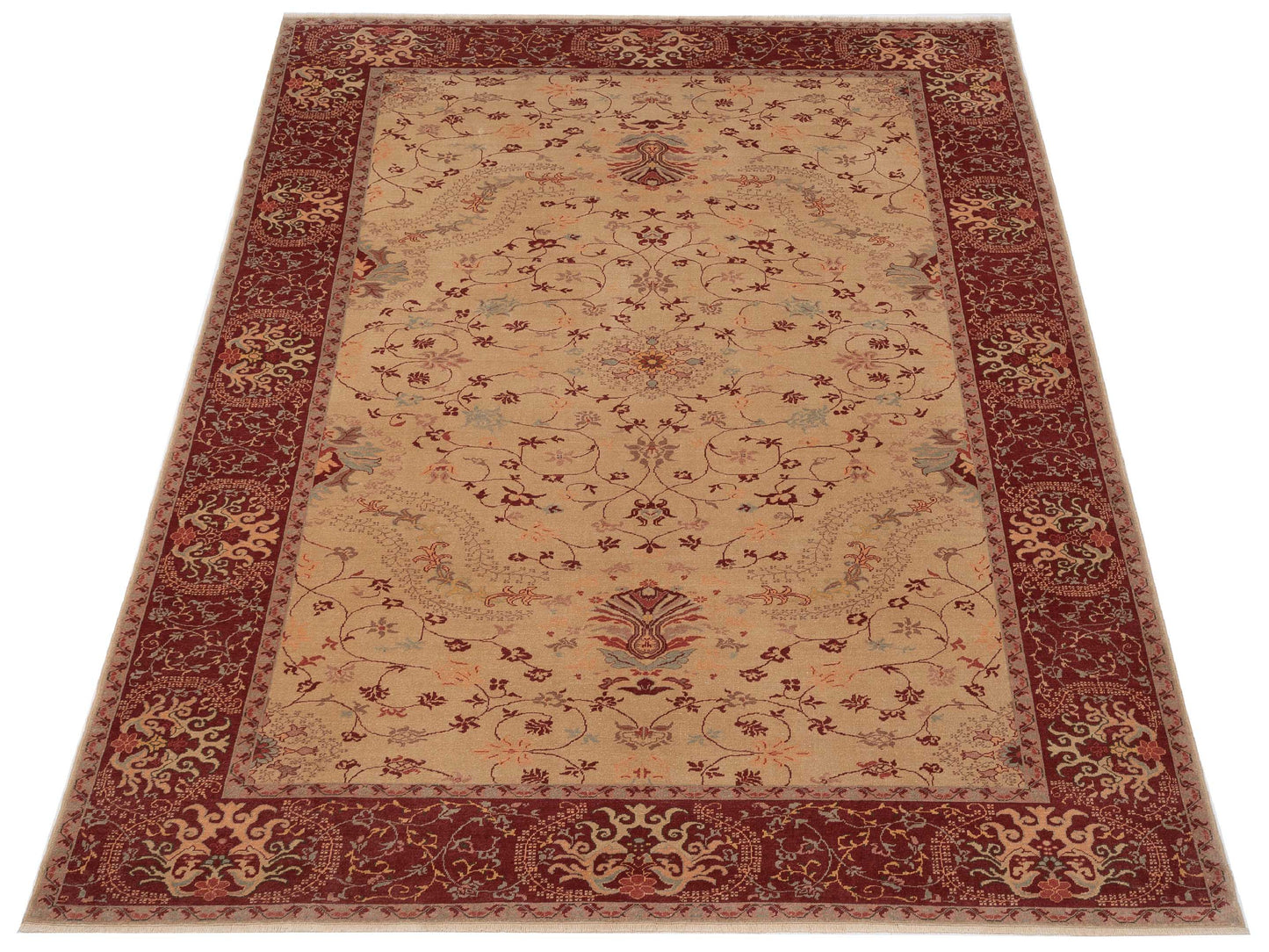 Antiqua Loom Cream Burgundy 9.4x12.6 Hand Knotted Rug