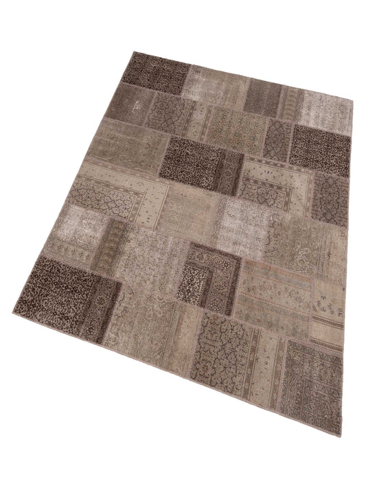 Patchwork Gray Brown 7.11x9.10 Hand Knotted Rug
