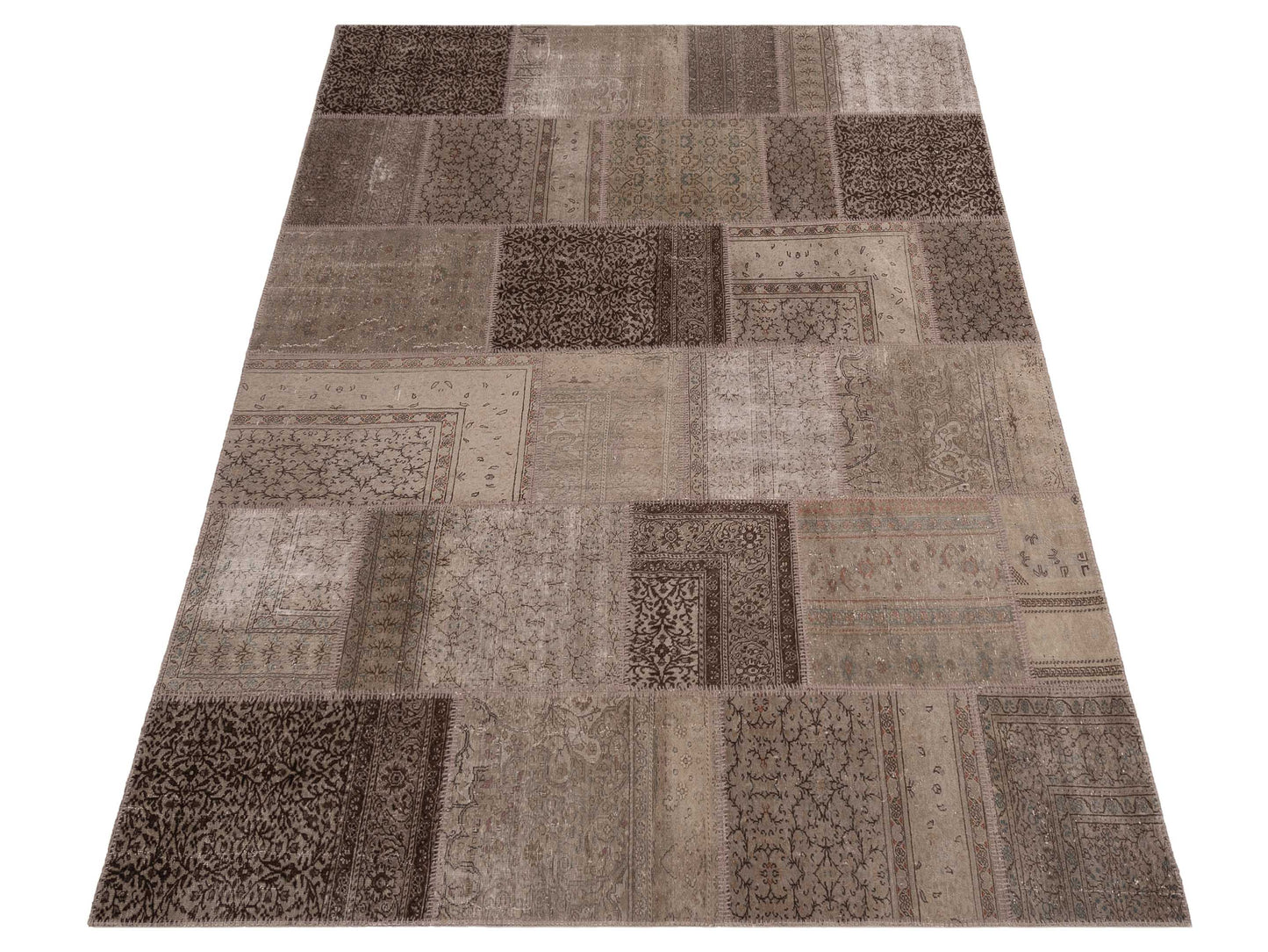 Patchwork Gray Brown 7.11x9.10 Hand Knotted Rug