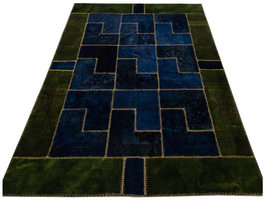 Patchwork Blue Green 8.5x11.4 Hand Knotted Rug