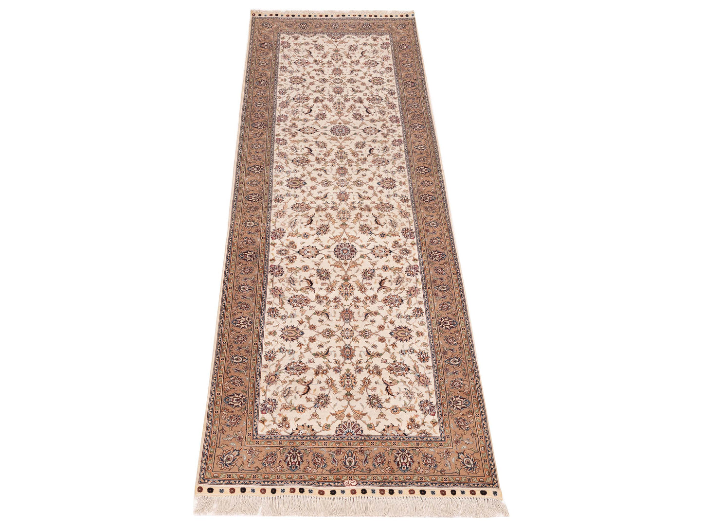 Pure Silk Ivory Camel 2.7x8.3 Hand Knotted Rug