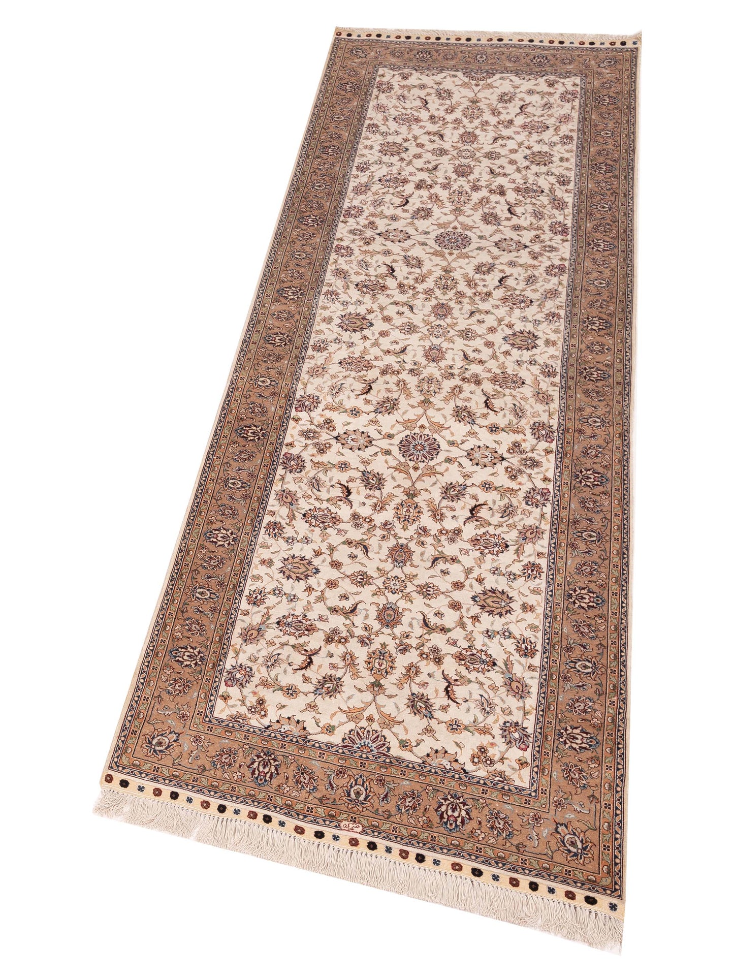 Pure Silk Ivory Camel 2.7x8.3 Hand Knotted Rug