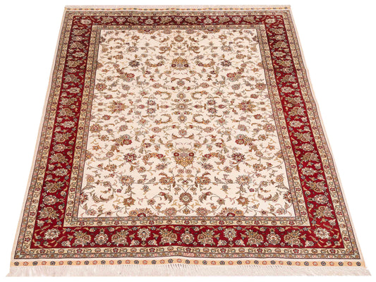 Pure Silk Ivory Red 4.6x6.7 Hand Knotted Rug