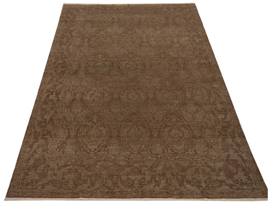 Defnera Dark Brown Green 8.5x9.11 Hand Knotted Rug