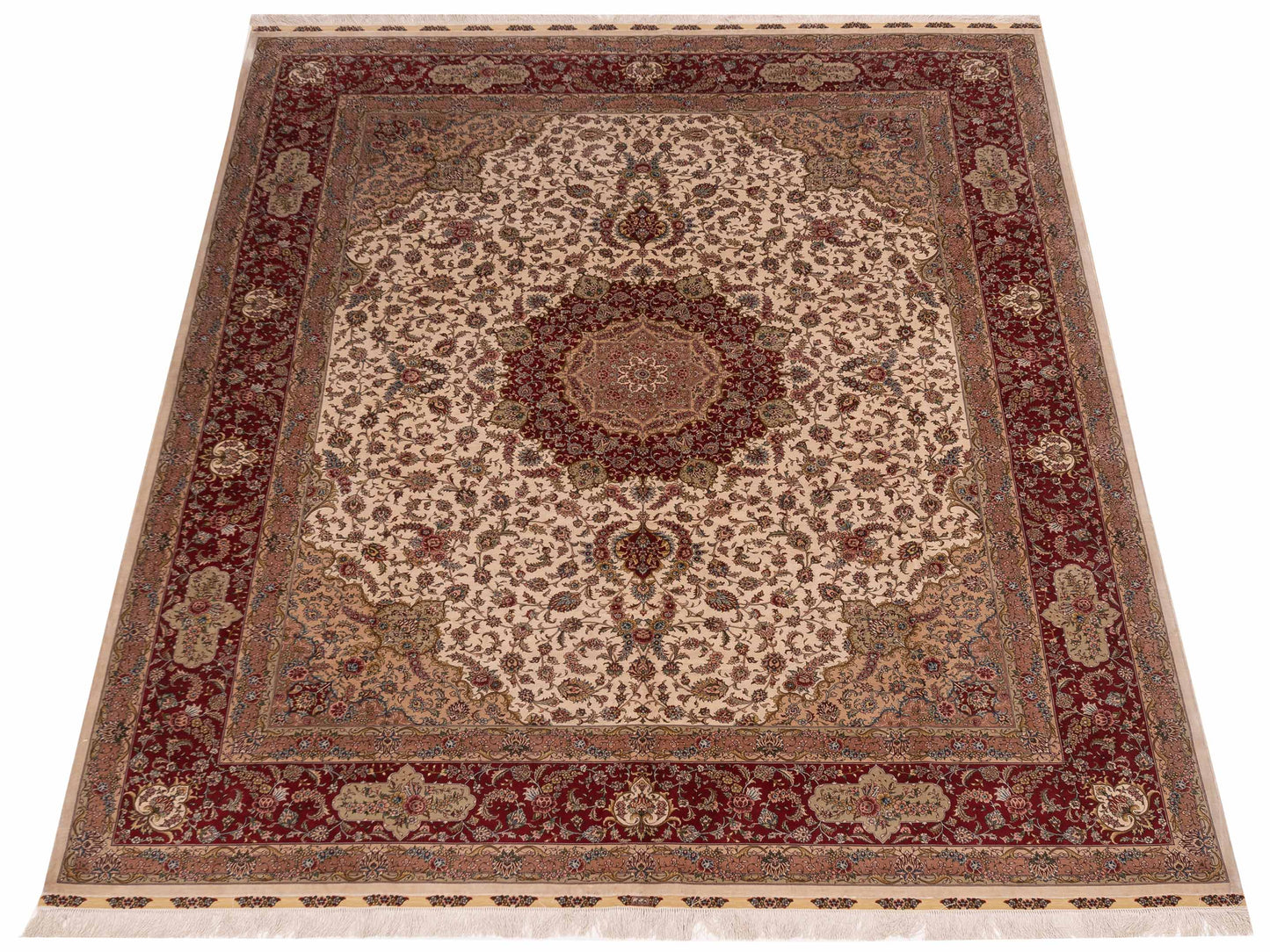 Pure Silk Ivory Red 8.1x10.2 Hand Knotted Rug