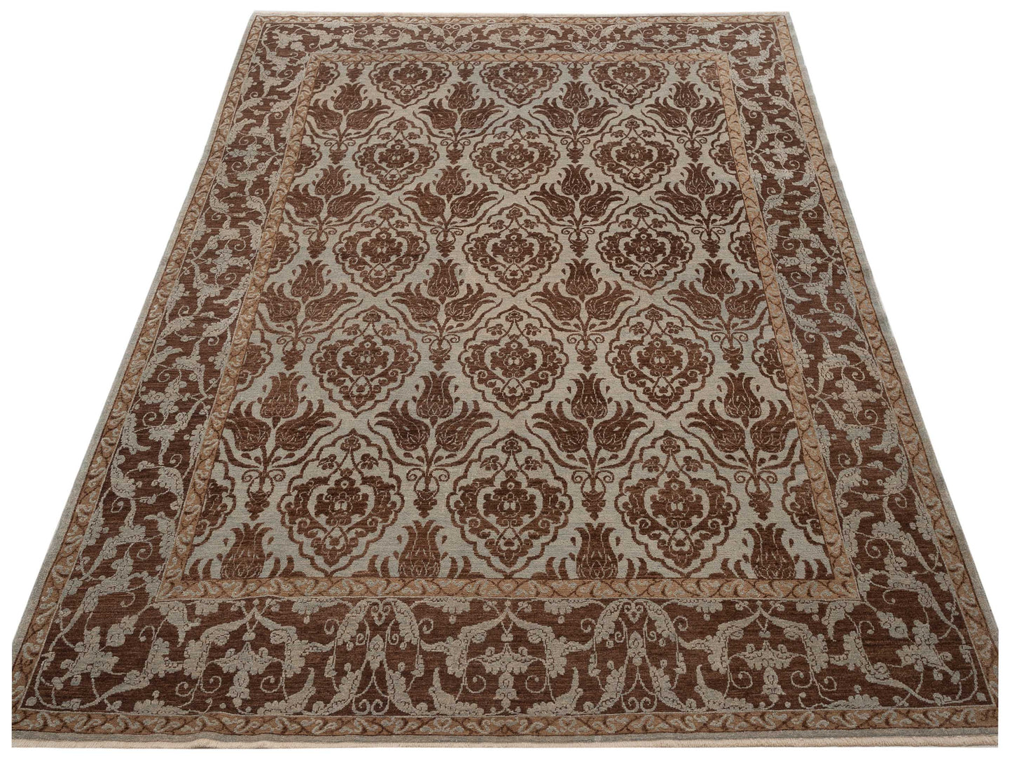 Defnera Ice Blue Brown 8.6x10.1 Hand Knotted Rug