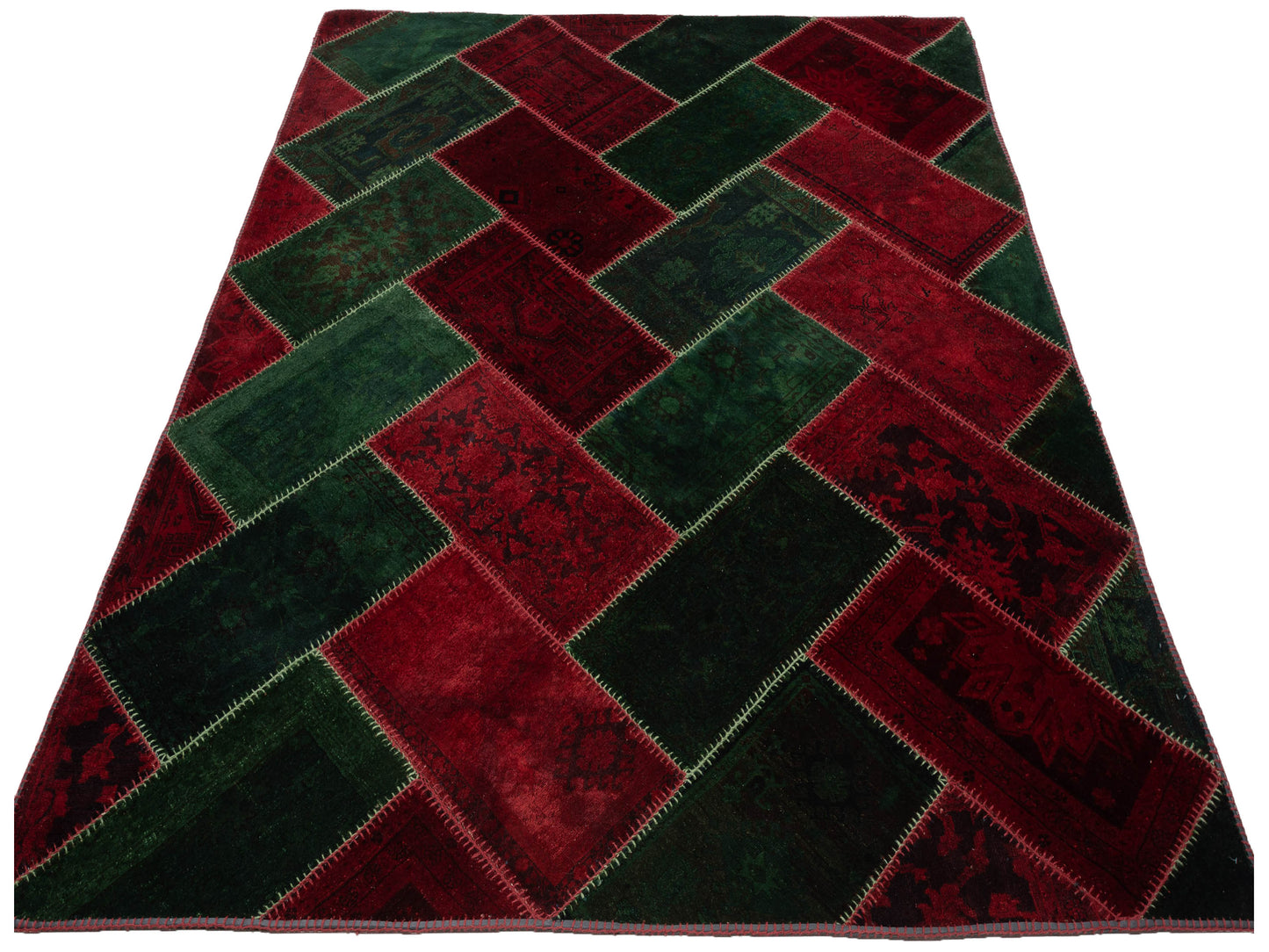 Patchwork Green Red 8.6x10.7 Hand Knotted Rug
