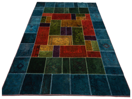 Patchwork Blue Green 9.8x12.8 Hand Knotted Rug