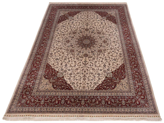 Pure Silk Ivory Red 8.4x11.7 Hand Knotted Rug
