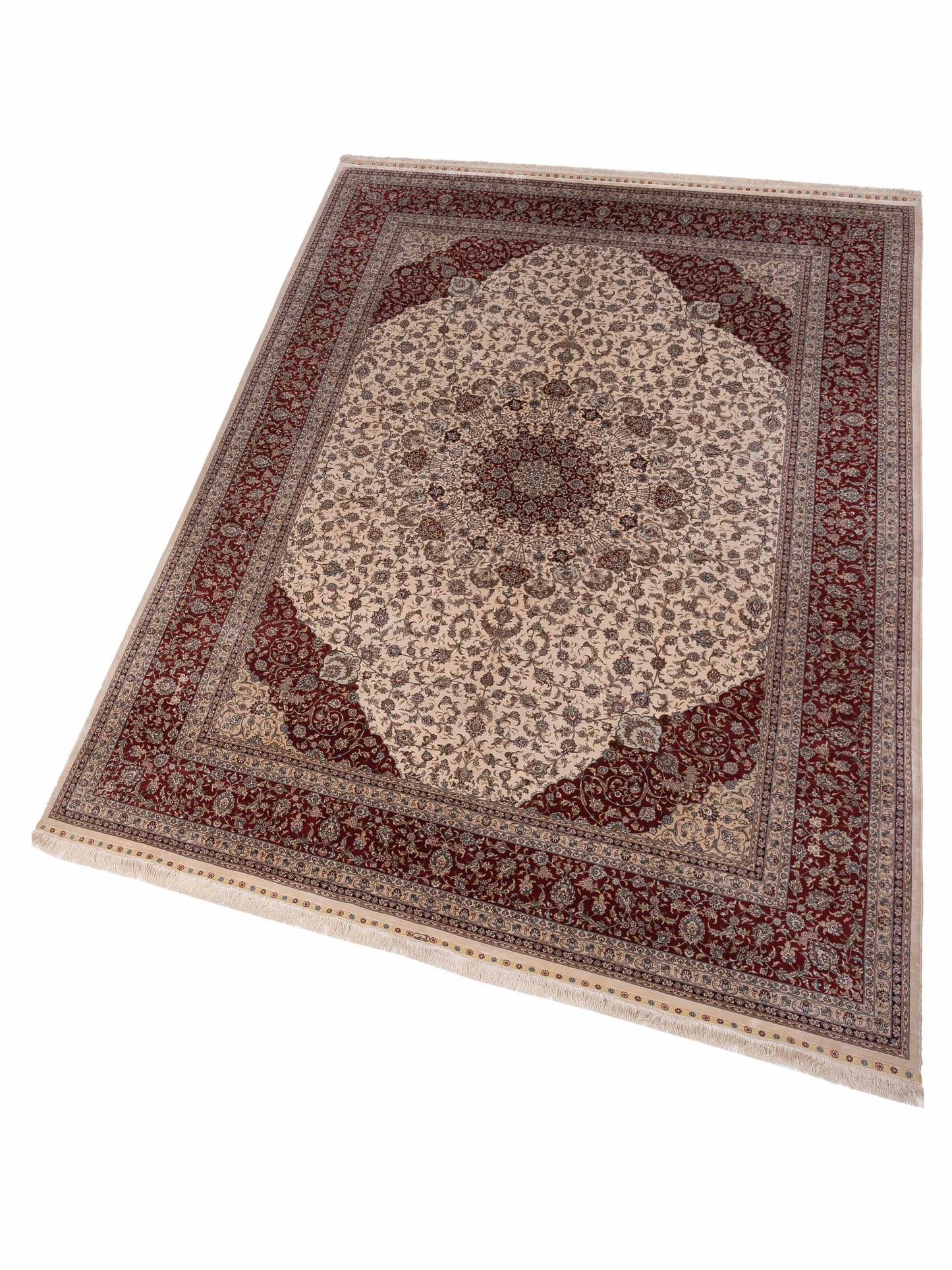 Pure Silk Ivory Red 8.4x11.7 Hand Knotted Rug