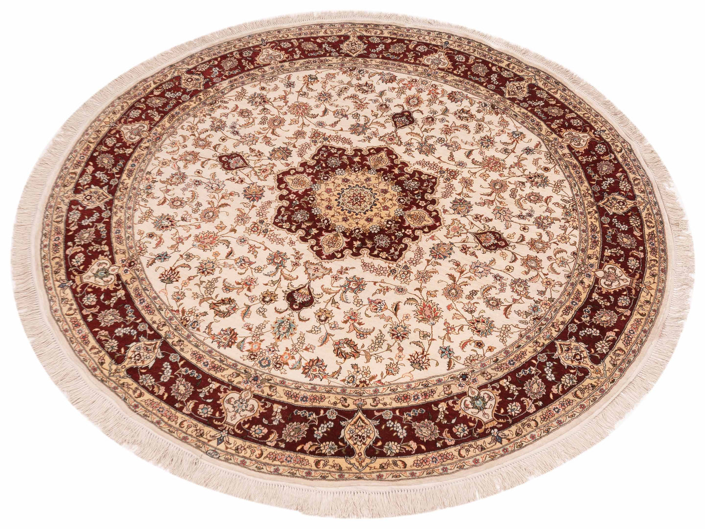 Pure Silk Ivory Red 6x6 Hand Knotted Rug